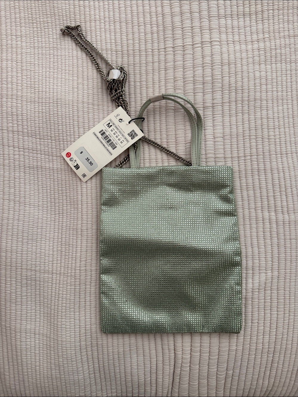 Zara Mint Green Mini Tote Bag with Metallic Sheen